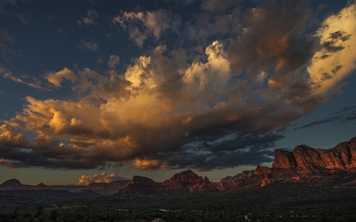 Америка, штат Юта, деревья, горы, облака, сумерки, каньон обои,s изображение
