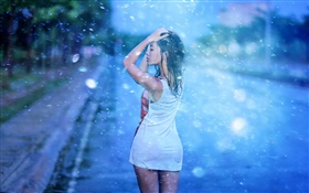 Азиатская девушка, улица, дождь HD обои