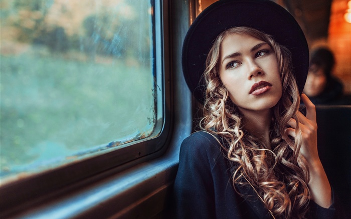 карими глазами девушка, шляпа, поезд обои,s изображение