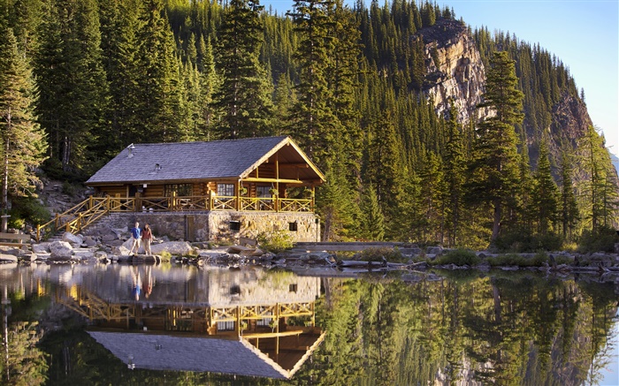 Канада, Национальный парк Банф, Лейк Агнес, горы, дом, люди, мол обои,s изображение