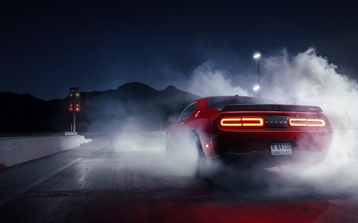 Dodge Challenger красный суперкар заднего вида, дым обои,s изображение