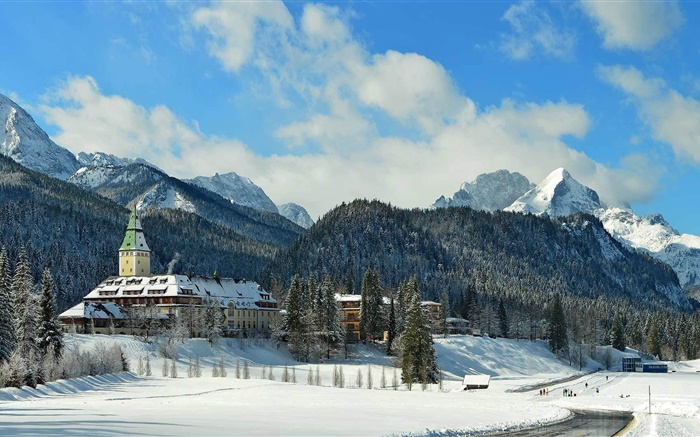 Elmau Замок, Бавария, Германия, горы, деревья, зима, снег обои,s изображение