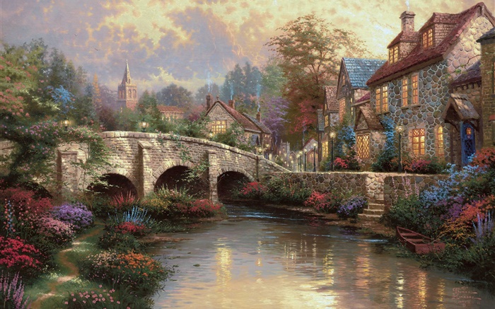 Англия, графство Уилтшир район, сельская местность, деревня, дом, мост, художественная роспись обои,s изображение