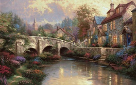 Англия, графство Уилтшир район, сельская местность, деревня, дом, мост, художественная роспись HD обои