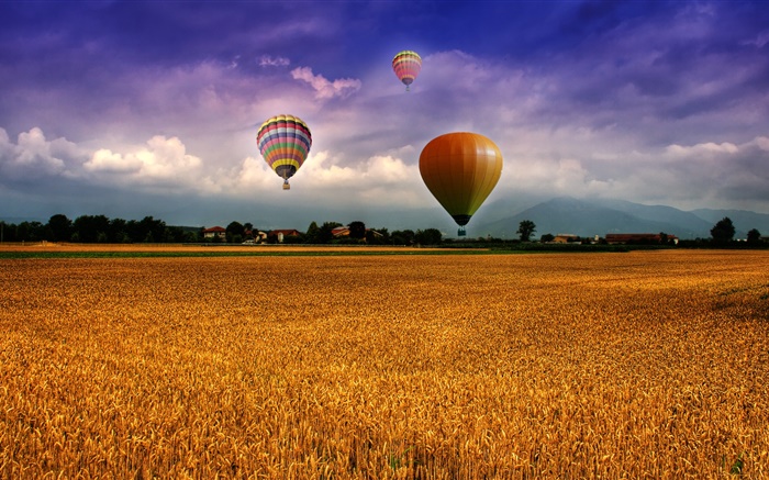 Ферма, Поле, воздушные шары, небо, облака, дома, деревня обои,s изображение