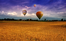 Ферма, Поле, воздушные шары, небо, облака, дома, деревня