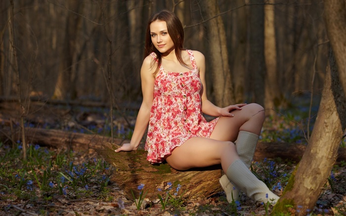 Девушка сидит на лес, ноги, красное платье, поза обои,s изображение