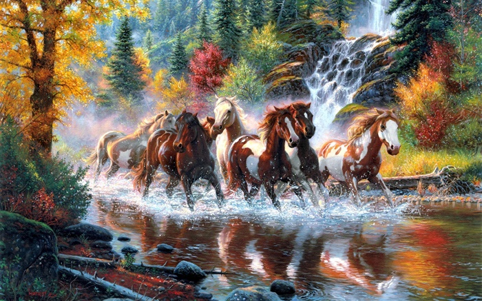 Лошади, река, водопад, лес, осень, деревья, художественная роспись обои,s изображение