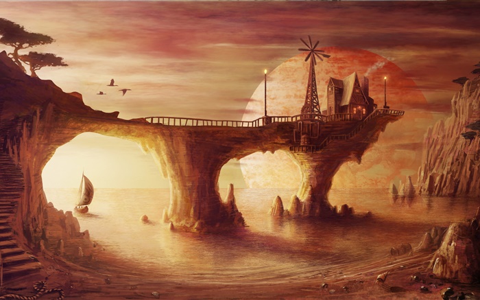 Дом, море, птицы, лодки, остров, пляж, небо, художественная роспись обои,s изображение