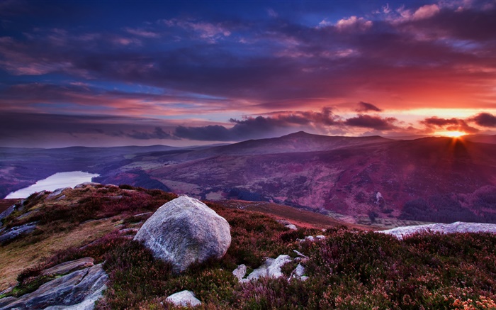 Ирландия, горы, скалы, цветы, трава, облака, закат обои,s изображение
