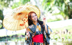Японская девушка, кимоно, зонтик, блики