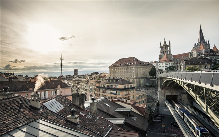 Лозанна, Швейцария, дома, поезд, солнце обои,s изображение