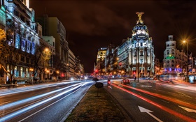 Мадрид, Испания, город ночь, огни, дома, здания, дороги