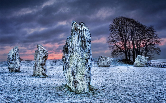 Мегалит, камни, деревья, снег, облака, зима обои,s изображение