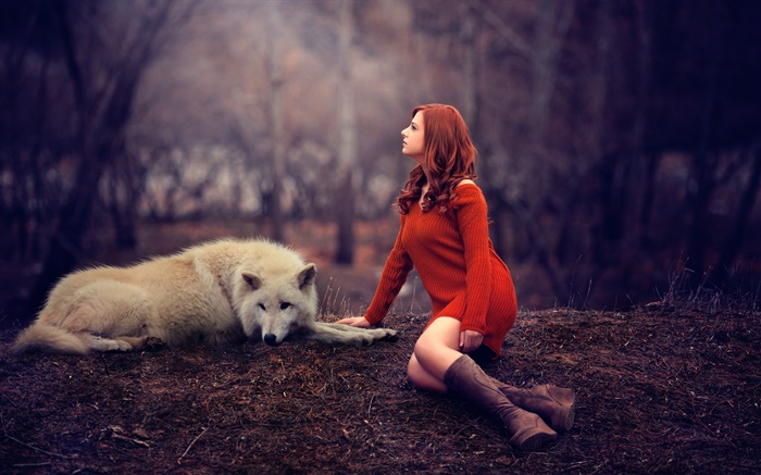 Мелис, девушка и волк, красный свитер обои,s изображение
