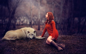 Мелис, девушка и волк, красный свитер HD обои