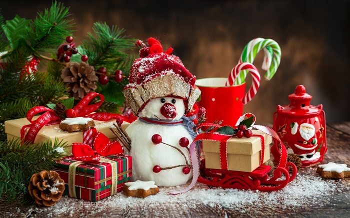 С Рождеством Христовым, Новый год, украшения, снеговик, чашки, конфеты, подарки обои,s изображение