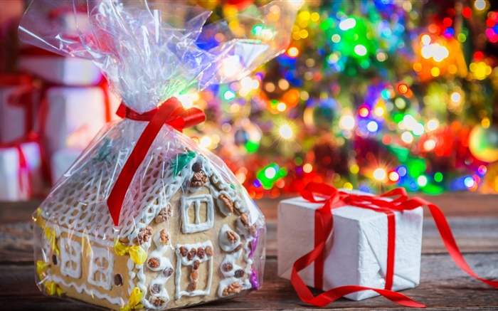 С Рождеством Христовым, украшения, подарки, красочные огни обои,s изображение