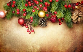 С Рождеством Христовым, украшения, сосновые ветки, ягоды, шары HD обои