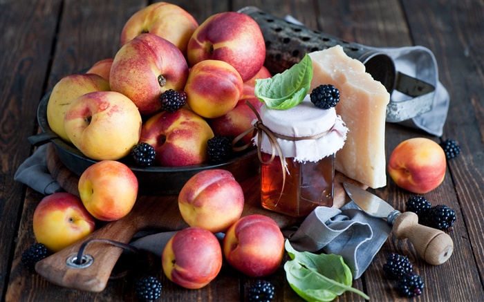 Нектарины, ягоды, сыр, мед обои,s изображение