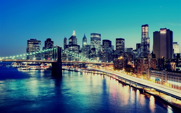 Нью-Йорк, США, ночь, город, огни, небоскребы, залив обои,s изображение