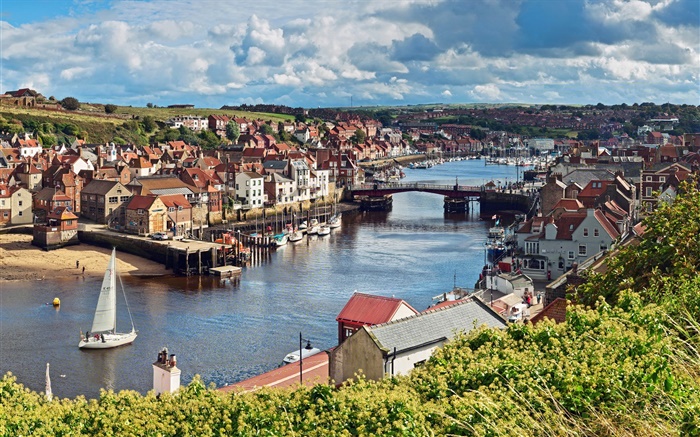 Северный Йоркшир, Англия, река, мост, лодка, дом обои,s изображение
