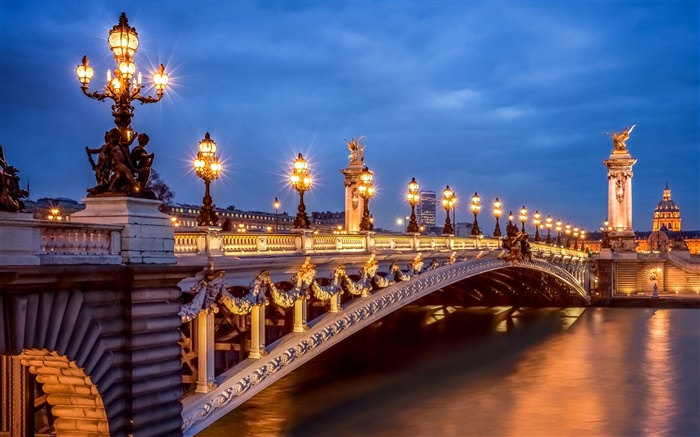 Париж, Франция, вечер, огни, мост обои,s изображение
