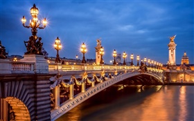 Париж, Франция, вечер, огни, мост