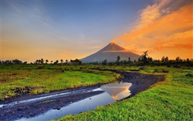 Филиппины, Майон, вулкан, горы, трава, ручей HD обои