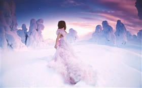 Розовое платье девушка в зимний период, толщиной снег
