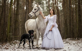 Ретро стиль, белое платье девушка, лошадь, собака, лес HD обои