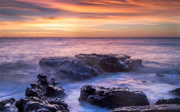 Море, побережье, вода, скалы, закат обои,s изображение