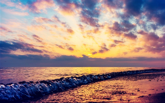 Море, волны, пляж, закат, облака обои,s изображение