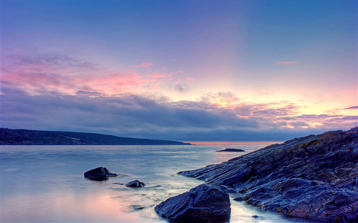 Закат, море, берег, камни, небо, облака обои,s изображение