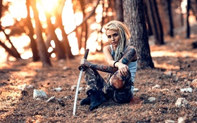 Татуировка девушка, меч, оружие, деревья