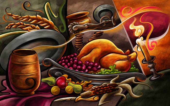 Благодарения тема живописи, курица, фрукты, свечи обои,s изображение