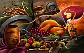 Благодарения тема живописи, курица, фрукты, свечи HD обои