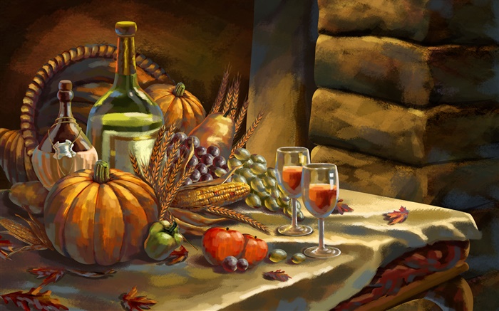 Благодарения, акварель, тыква, виноград, вино, яблоки, пшеница обои,s изображение