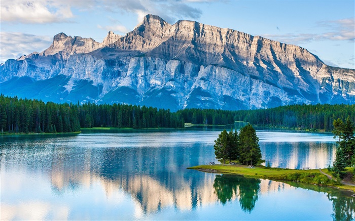 Два Джек Озеро, Национальный парк Банф, Альберта, Канада, горы, деревья обои,s изображение