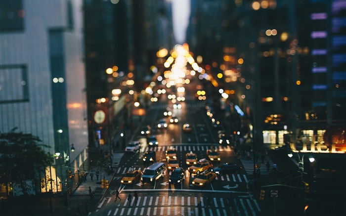 Соединенные Штаты Америки, Нью-Йорк, ночь, здания, улицы, автомобили, фары, боке обои,s изображение