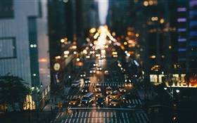 Соединенные Штаты Америки, Нью-Йорк, ночь, здания, улицы, автомобили, фары, боке HD обои
