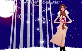 Векторная иллюстрация, девушка, зима, снег, деревья, подарки HD обои