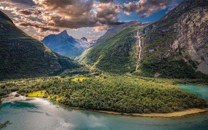 Vikane, Норвегия, долина, горы, озеро, облака обои,s изображение