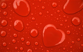 Капли воды, любовь сердца, красный фон HD обои
