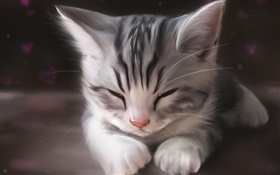 Акварель, милый котенок спит