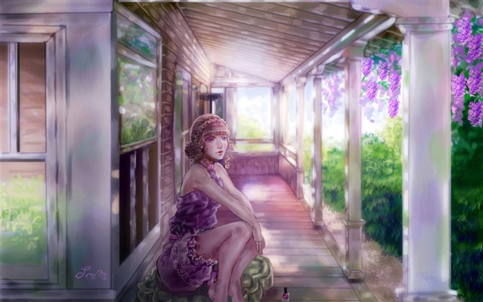 Акварель, девушка, дом, виноград обои,s изображение
