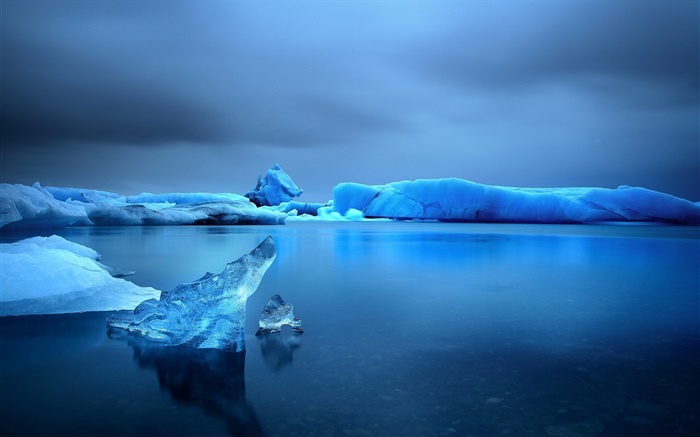 Зима, снег, лед, озеро, вода, сумерки, синий обои,s изображение