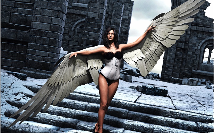 Искусство рендеринга, Fantasy Girl, ангел, крылья, лестницы обои,s изображение
