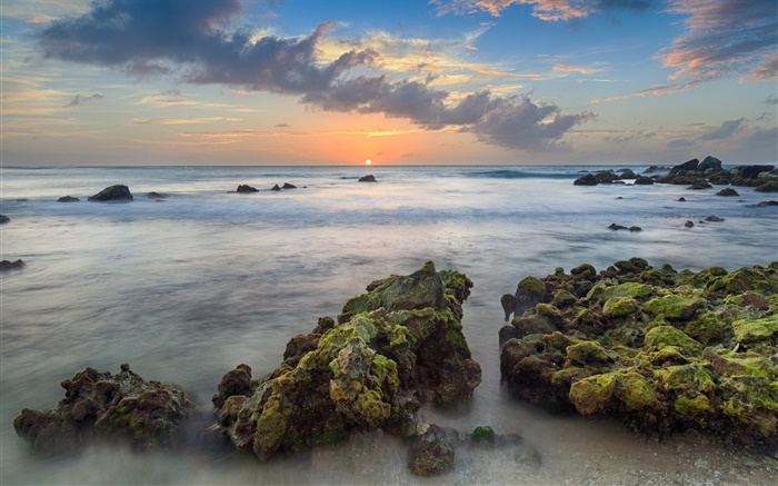 Аруба, Карибского бассейна, Араши-Бей, камни, море, побережье, закат, облака обои,s изображение