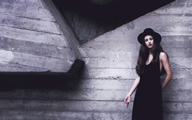 Черное платье девушка, шляпа, настенные HD обои